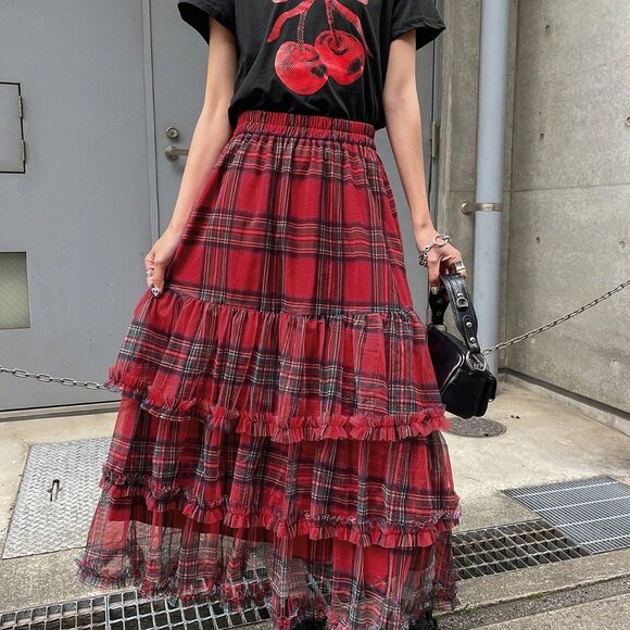 Red Casual Women's Christmas Plaid Ruffle Mesh High Waist Skirt - Picture 3 of 6